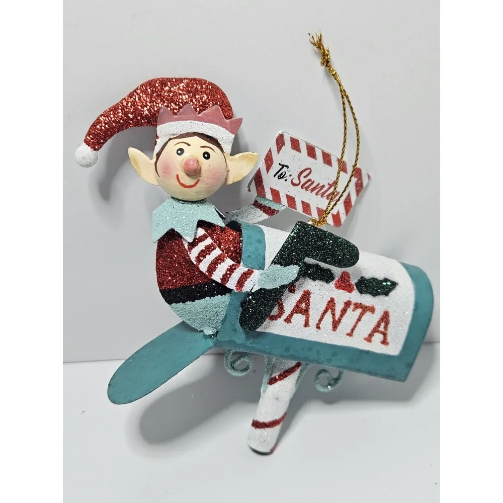 Pier 1 Imports Christmas Ornament Sparkly Elf In Mailbox Metal Tin Glitter Rare